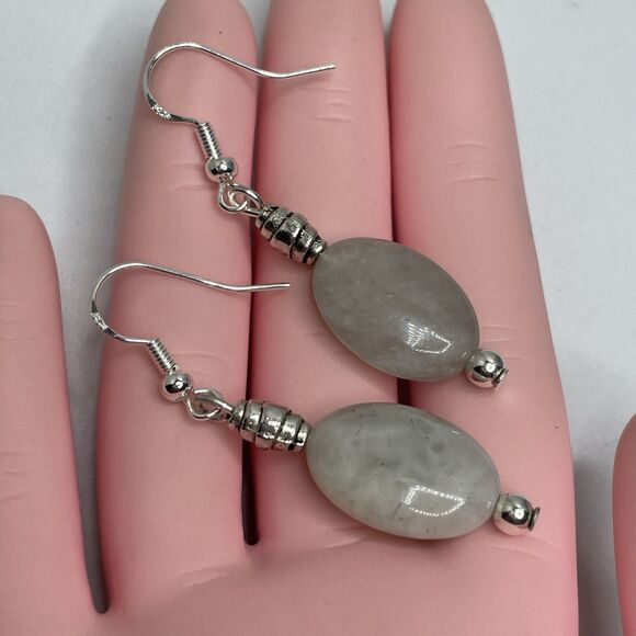Artisan Silver Plated Light Gray Jade Stone Beaded Dangle Earrings Boho Cute - Picture 6 of 7